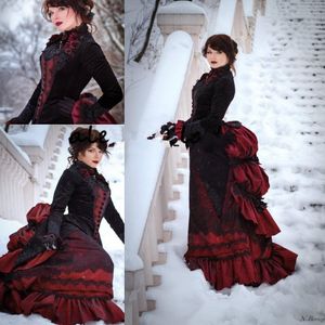 Vintage Black and Burgundia Gotyckie Suknie Ślubne Z Długim Rękawem Wiktoriański Kostium Walking Costume Spódnica i Aksamitna Kurtka Suknie panny młodej AL8093