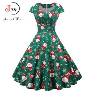 Christmas Party Dress Women 2020 Short Sleeve V Neck Elegant Vintage Print Xmas New Year Prom Sundress Plus Size Robe LJ201112