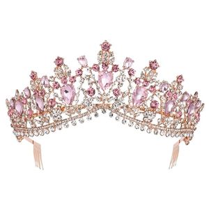 Barokke Rose Gold Pink Crystal Bridal Tiara Crown met kam Pageant Prom Sluier Hoofdband Bruiloft Haaraccessoires