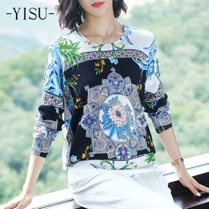 Yisu mulheres impressas camisola manga comprida o pescoço de malha pullover moda solta tops mulheres roupas jumper flor cópia camisola 201030
