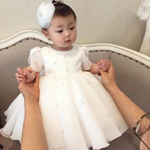 Setwell Jewel Pearch Clange Pown Flower Girls 'платья с короткими рукавами плиссированные органзы жемчужины длина пола Princess Pageant