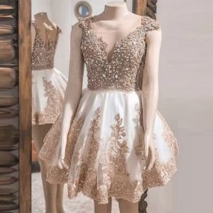 Prom 2022 Short Dresses Gold Lace Applique Beaded Crystals Custom Made Plus Size Above Knee Length Evening Atil Party Gown Formal Ocn Wear Vestidos