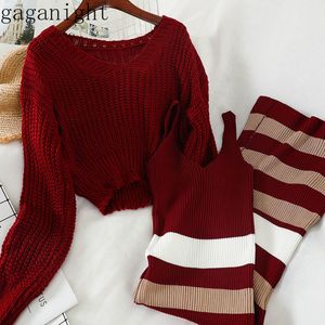 Gaganight Fashion Knitted Women Two Pieces Set Solid Short Sweater Long Striped Dress Office Lady Korean Outfits Spring Autumn LJ201120