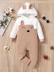Baby Cartoon Embroidered 3D Ear Design Waffle Knit Hooded Jumpsuit SHE