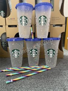 Starbucks 24OZ / 710ml Copo de plástico Reutilizável Transparente Beber Copo de fundo plano Pilar Forma Tampa de palha Caneca Bardian