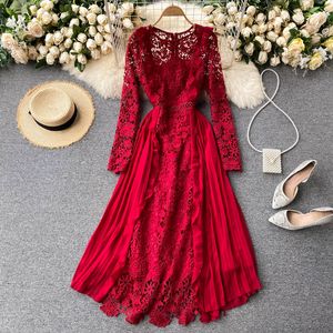 Design French Hollow Lace Dress Women Elegant Solid Long Sleeve A-Line Dress Autumn Fashion Streetwear Midi Dresses 2022