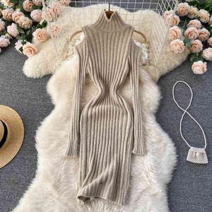 Singreiny Sexy Off Shoulder Sweater Dress Delle Donne Donne Manica lunga Elastico Elastico Slim Guaina Dress Bodycon TurtrleNeck Abiti da maglieria Primavera Y220214