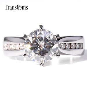 Transgems Classic Solid 14K White Gold 2ct ct Diameter 8mm F Color Engagement Ring for Women Wedding Gift Y200620