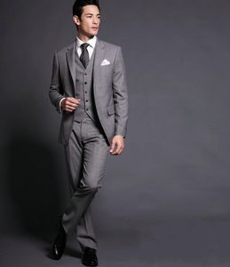 Slim Fits Man Work Business Suit Light Gray Men Prom Dress Party Suit Groom Tuxedos(Jacket+Pants+Vest+Tie) NO:909
