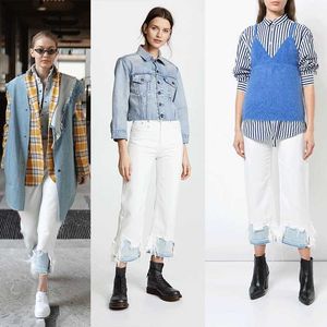 Jeans feminino nova temporada r13 gigi mesma cintura alta branco cintura dupla cor contraste perna desgaste tassel jeans mulheres