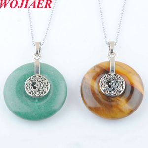 Wojiaer Natural Stone 3D Necklace Pendant Round Circle Healing Crystal Energy Balance Bead for Women Jewelry Gift Bo930