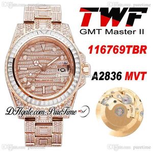 TWF GMT PAVED DIAMONDS A2836 Automatisk herrklocka 116769TBR Rose Gold Iced Out Baguette Diamond 904L Oystersteel Armband Jewelry Super Edition PURETIME F02B2
