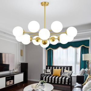 Lampadari Nordic Lampadario di lusso in rame pieno 3-12 Paralume in vetro bianco Corpo lampada Soggiorno Camera da letto Ristorante Apparecchi a sospensione