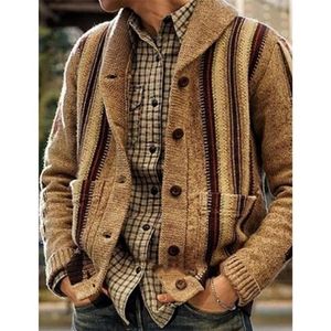 Men Laamei V-neck Button Warm Knitted Slim Fit Coat Cardigan Striped Sweater Hombre Male Autumn Vintage Casual Tops 201123