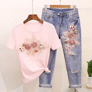 Conjunto Feminino de Verão Moda Bordado Lantejoulas 3D Flor Manga Curta T-shirt Buracos Jeans Conjunto de Duas Peças Primavera Casual Feminino Suit1