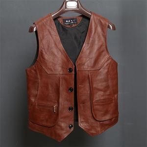 Bonjean New Ankomst Läder Motorcykel Vest Mens Slim Fit Real Brown Cow Äkta Läder Waistcoat Bikers Vest Storlek L-8XL 201216