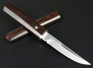 New Arrival Survival Survival Prosto Nóż D2 Drop Point Satin Blade Wood + Stal Head Head Under Stałe Noże ostrza z osłoną z drewna