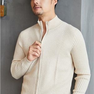 pure cashmere twill striped knit men's smart casual zipper cardigan sweater coat half high collar S-2XL 201022