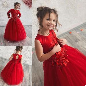 Wholesale flower girl dresses red wedding resale online - Red Tulle Floor Length Wedding Party Flower Girls Dresses with Long Sleeves Jackets Beaded Applique Pageant Birthday Gowns