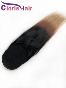 Farbige braune, honigblonde Pferdeschwanzverlängerungen mit Kordelzug, Clip-Ins, 1B/4/27, Ombre, gerade, peruanisches Echthaar, Pferdeschwänze für schwarze Frauen