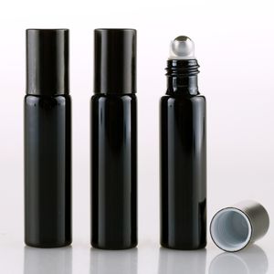 300 pz/lotto 10ml ROTOLO SU BOTTIGLIA DI VETRO Nero Oro Argento Fragranze Bottiglie di Profumo di OLIO ESSENZIALE Con Sfera di Rullo di Metallo