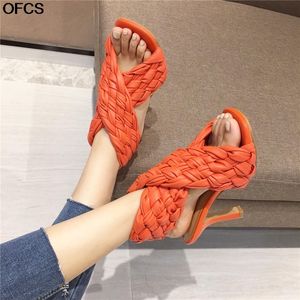 Größe 42 2021 Neue Sandalen Damen Gladiator SandalenWeben Hausschuhe Sexy Dünne High Heels Offene spitze Slip Auf Rom Rutschen Frauen schuhe J1208