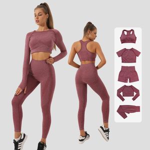 5pc Seamless Women Yoga Outfits Set Workout Sportswear Gym Clothing Fitness Long Sleeve Crop Top High Waist Leggings Sports Suits