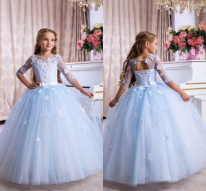 Light Sky Blue Floral Appliques Принцесса Бальное платье Свадьба Цветочные Девушки Платья 3/4 Длинные Рукава 2021 Паргинты Партии для Девочек Al8619