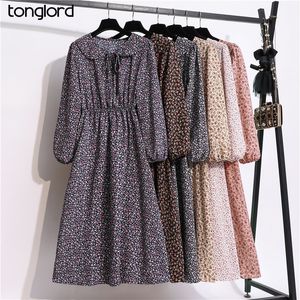 Tonglord 봄 가을 꽃 무늬 인쇄 쉬폰 드레스 긴 소매 A 라인 하이 허리 캐주얼 긴 드레스 여성 Vestidos 201204