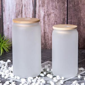 12OZ Sublimation Glass Cup Frost Clear Beer Can Glass Tumbler with Bamboo Lids sea ship LLB14023