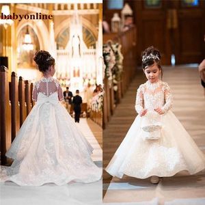 Lovely Lace Flower Girls Dresses Jewel Neck Sheer Long Sleeves Applique Big Bow Birthday Dresses Girls Pageant Gowns With Button Back BC4730