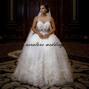 African Wedding Dress Ball Gown 2021 Bride Arabic Middle East Church Nigerian Wedding Gowns 3D Flower Bridal Vestidos