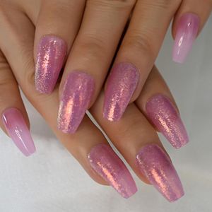 Valse nagels doodskist ombre lange nep met ontwerpen glitter shimmer fee paarse roze gebogen pers op nagel Franse tips