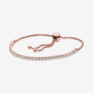 100 % gnistrande skjutreglage tennislänkarmband roséguld 925 sterling silver justerbart Cubic Zirconia armband Mode kvinnor Bröllopsförlovning Smycken Tillbehör