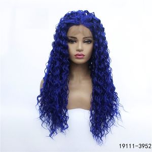 Afro Kinky Curly Curly Sintético Peruca Peruca Simulação Humano Cabelo Lacfront Perucas 14 ~ 26 polegadas Escuro - azul 19111-3952