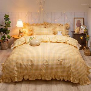 3/4 stks Girl Pink Yellow Ruffle Bedding Set Single Size Bed Linnen voor kinderen 100% katoenen lakens en kussenslopen Koningin King1