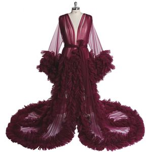 フォトシュートやベビーシャーマタニティガウン撮影チュールフリル2021ファッションのためのブルゴーニュの長袖のイブニングドレス