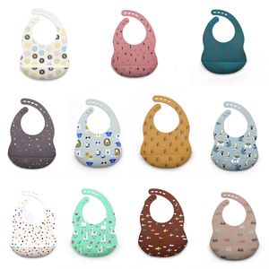 50pcs/lot 17 Styles Silicone Bib Printed Animal Ship Leaves Carton Waterproof Baby Feeding Aprons Adjustable Bibs Burp M3133