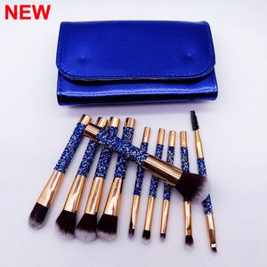 Pennelli trucco Pennello diamante blu 10 pezzi Set con borsa Pennello trucco Fondotinta Polvere Ombretto Pennelli fard Mascara Kit pennelli cosmetici