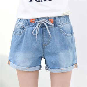 Плюс размер летние старинные шорты женщины эластичные талии высокие талии шорты дыры джинсы корейский стиль летнее джинсовая короткая Feminino LJ200815