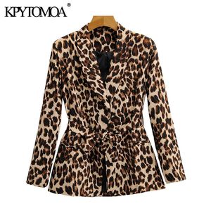 KPytomoa mulheres moda com cintura leopardo impressão blazer casaco vintage manga comprida animal padrão feminino outerwear chique tops 201102