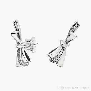 925 Sterling Silver Stud Brand New Sparkling Double Hoop Orecchini High Brilliant Bows Stud Orecchino Compleanno Fidanzamento Dust Bag Regali fit Pandora Charm