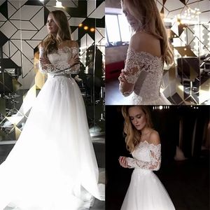 Wedding Romantic Lace Dress Elegant Off Shoulder Long Sleeves Appliques Tulle Lace-up Back Sweep Train Bridal Gowns Vestido De Novia -up