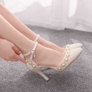 Wholesale ivory sandal heels resale online - Pointed Toe Ivory White Pearl Wedding Shoes Bridal Thin High Heels Elegant Female Party Ankle Strap Sexy Sandals