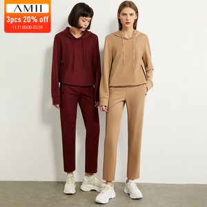 Amii minimalismo outono ternos de inverno para mulheres esporte causal com capuz sólido solto hoodie mulheres cintura alta as calças femininas 12040539 201113