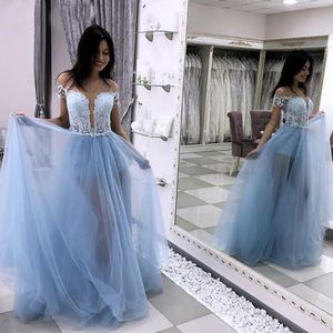 Sexig Illusion Long Prom Klänningar En linje Sheer Jewel Neck Appliques Long Tulle Cocktail Party Klänning Kortärmad Aftonklänningar