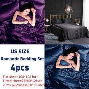 4 Stücke Romantische Seide Bettwäsche Set Weiche Seide Satin Heimtextilien Bett Set Flaches Blatt Spannbettlaken Kissenbezug Twin/Full/Queen/King Size LJ200819