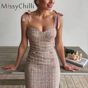 MissyChilli Tweed office wear lace up pink dress Elegant buttons bodycon summer women dress Sexy strapless party short dress T200707