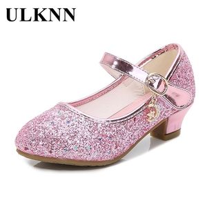 ULKNN Kids High Heel Shoes Girls Leather Flower Casual Pink Glitter Children Butterfly Knot size 26-38 220211