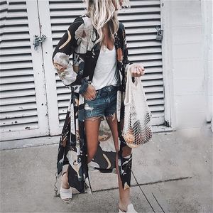 Frauen Vintage Floral Chiffon Shirts Lose Schal Kimono Cardigan Boho Tops Lange Sonnencreme Jacke Bluse LJ200812